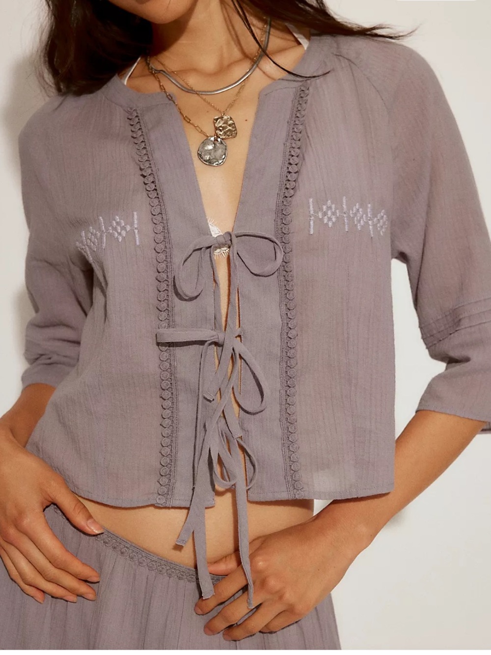 Free People Purple Ash Embroidered Tie Front Crop Top Boho Size Medium